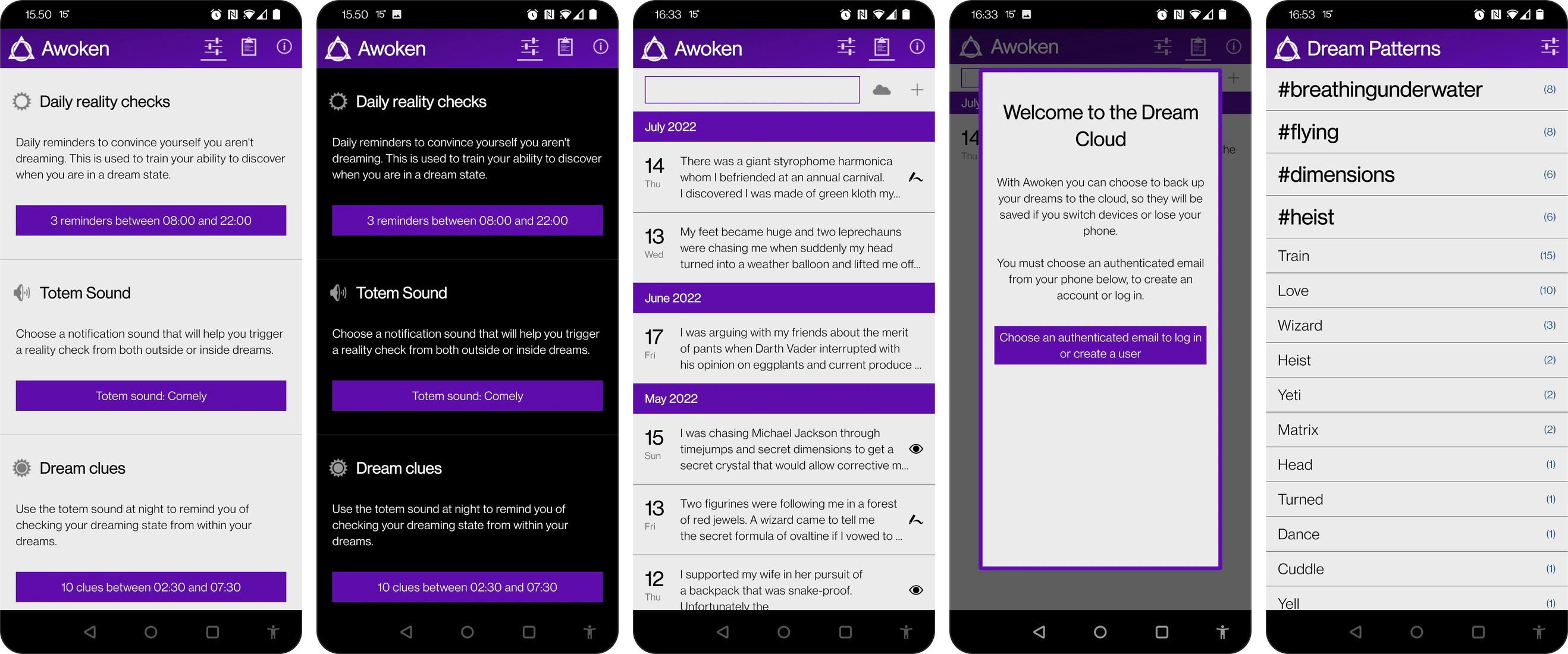 5 screenshots from the Awoken app's store listing