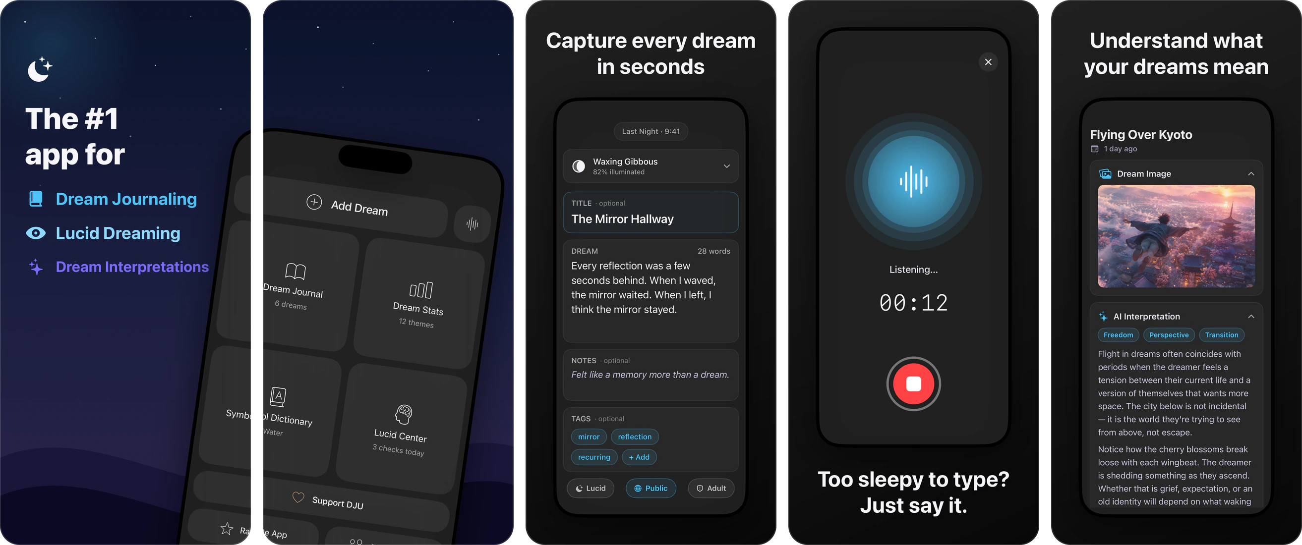 5 screenshots from the Dream Journal Ultimate app's store listing