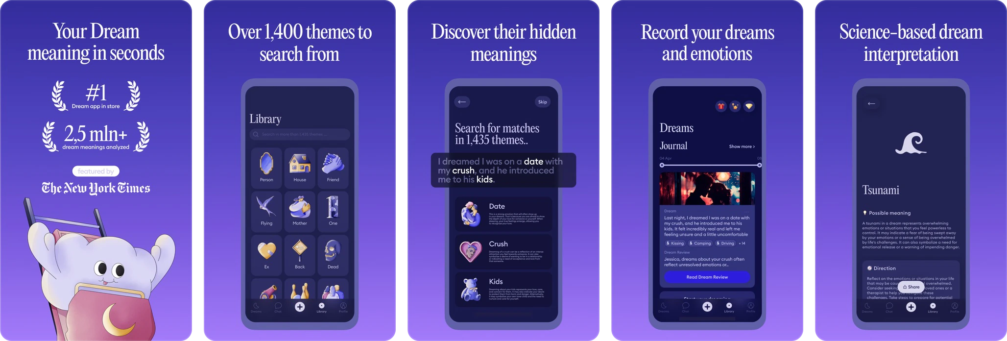 5 screenshots from the DreamApp app's store listing