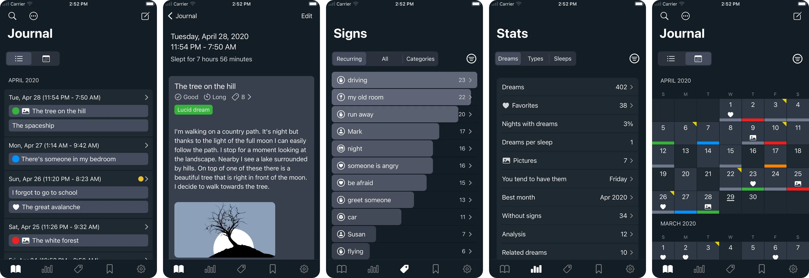 5 screenshots from the Dreams app's store listing