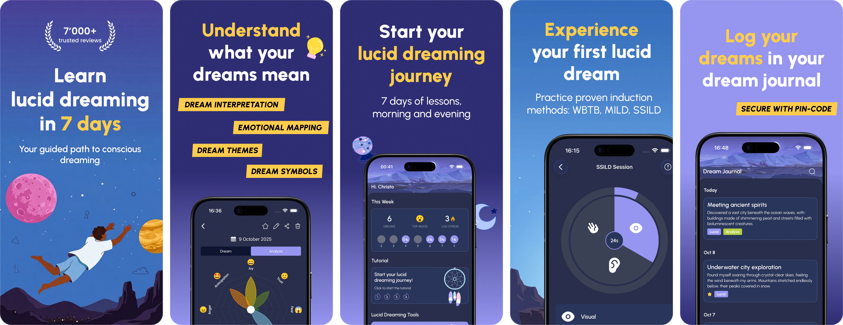 5 screenshots from the Lucidity app's store listing